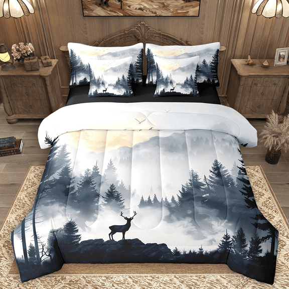 Manfei Safari Deer Moose Twin Bedding Sets 7pcs, Natural Jungle Tree Bedding Comforter Set, Animal Theme Sheet Sets, Microfiber Bedroom Decor