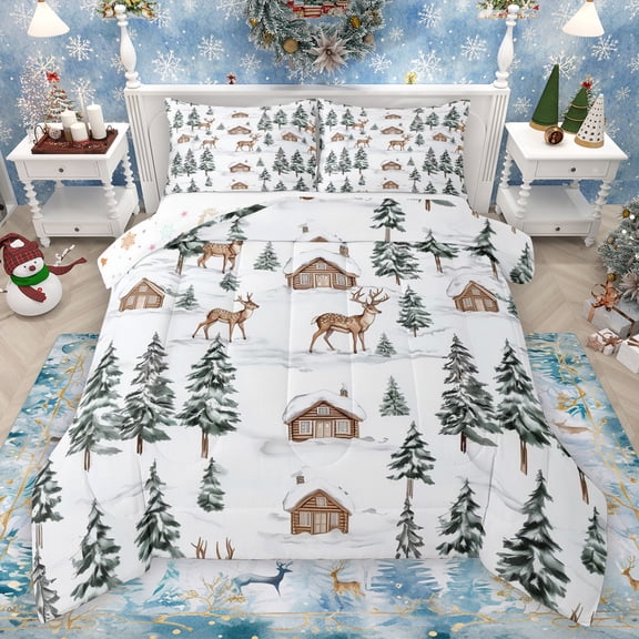 Manfei Safari Deer Queen Comforter Set,Rustic Far,House Cabin Bedding Sets,Green Pine Tree Bedding Comforter Set For Boys Teens,Microfiber Bedroom Decor Reversible,3pcs