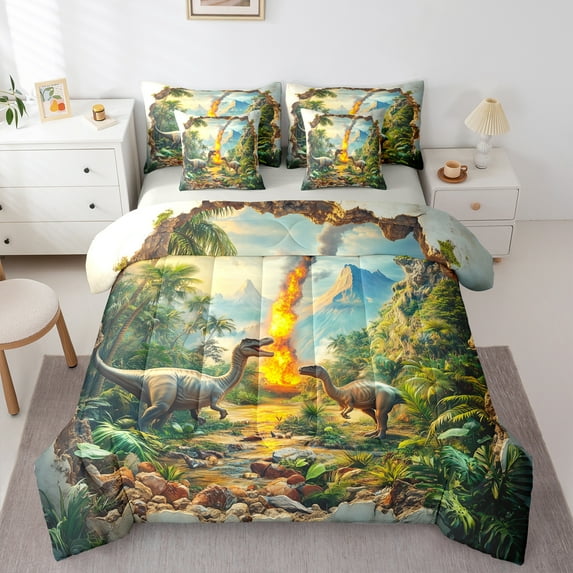 Manfei Safari dinosaur 7 Pieces 7-Piece Bedding Comforter Set,Jungle Wildlife King Bedding Sets,Natural Landscape Waterfull Green Monstera Bed Sheets For Boy Kids,Microfiber Bedroom Decor Reversible