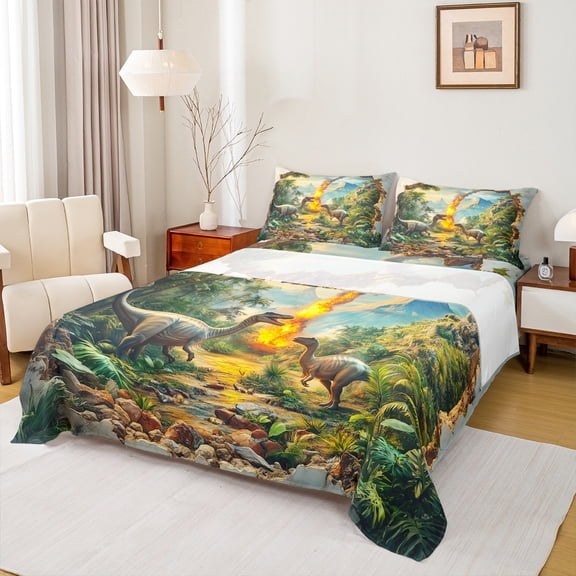 Manfei Safari dinosaur Twin Sheet Sets,Jungle Wildlife Twin Fitted Sheet,Natural Landscape Waterfull Green Monstera Flat Sheet For Boy Kids,Microfiber Bedroom Decor,3-Piece