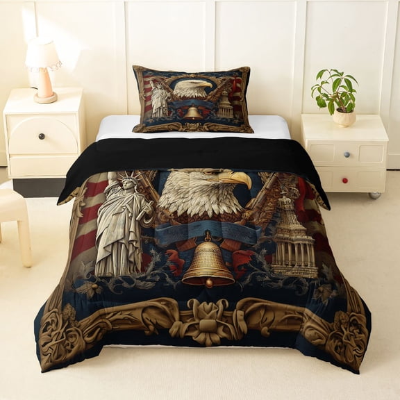 Manfei Safari Eagle Twin Comforter Sets,Patriotic Us Flag Bedding Set,Brown,Black Reversible,2-Piece,1 Comforter and 1 Pillowcase
