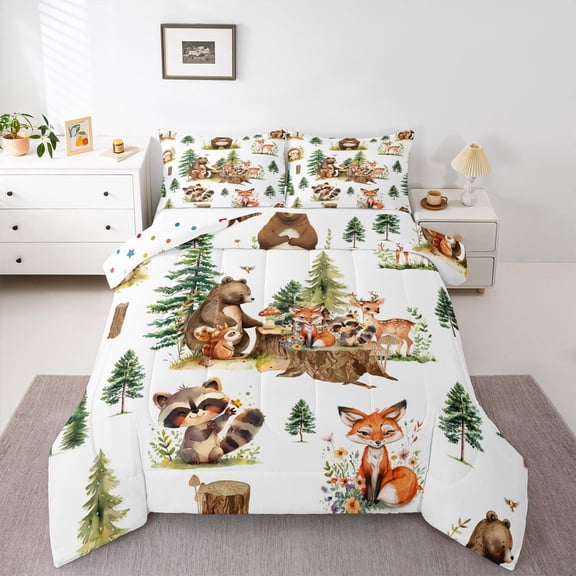 Manfei Safari Fox Bear Bedding Queen Comforter Set,Woodland Aniaml Down Comforter,Watercolor Flower Floral Bedding Sets Queen with Comforter,Ultra Soft Room Decorative Reversible,3 Pieces