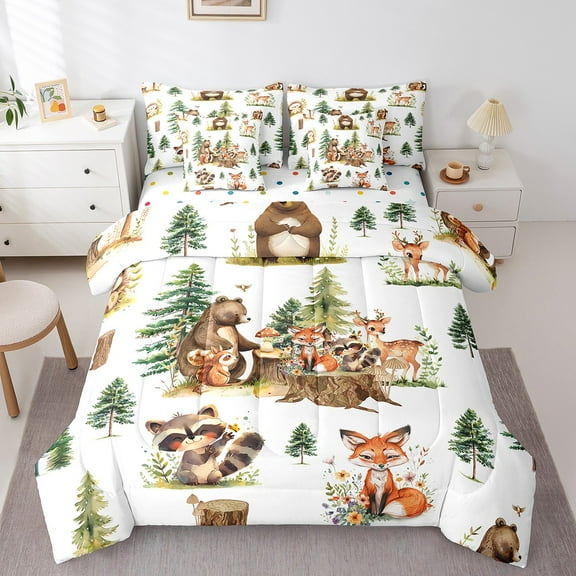 Manfei Safari Fox Bear Bedding Sets Full Size,Woodland Aniaml Comforter Sets with Sheets,Watercolor Flower Floral Bed in a Bag Full Size,Ultra Soft Room Decorative Reversible,7-Piece