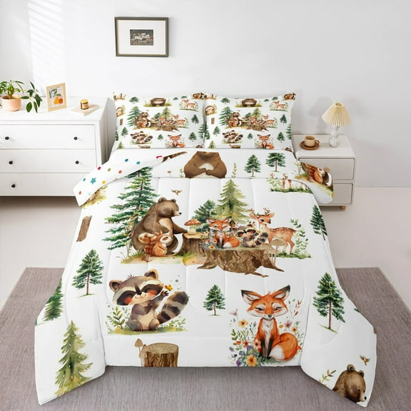 Manfei Safari Fox Bear Comforter Sets Full Size,Woodland Aniaml Comforters & Duvets,Watercolor Flower Floral Bedding Full Comforter Set,Ultra Soft Room Decorative Reversible,3-Piece