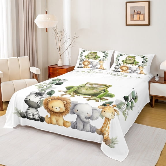 Manfei Safari FrogBed Sheets,Jungle Wildlife Lions King Sheets,Wild Zebra Elephant Sheet Set For Girls Boys,Ultra Soft Home Decor,4-Piece