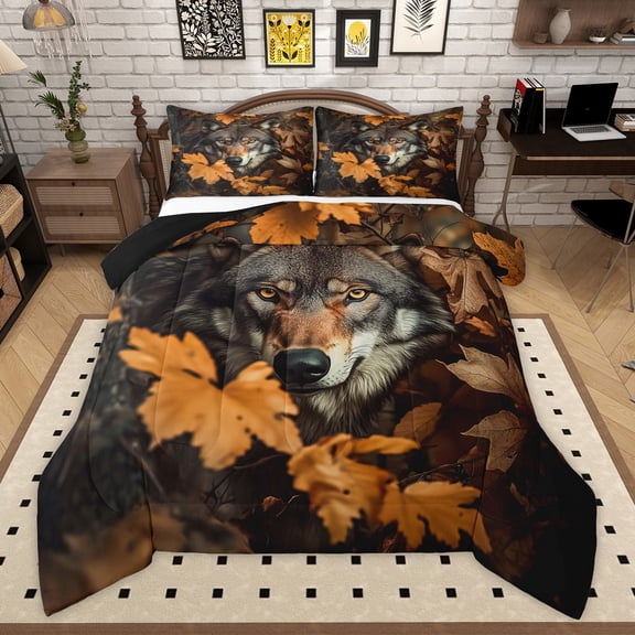 Manfei Safari Grey Wolf 2pcs Bedding Comforter Set for Teens Female Men,Autumn Tree Leaves Twin Comforter Sets,Jungle Animal Breathable Bedding Set,Super Cozy Room Decor,Reversible