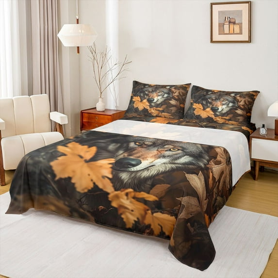 Manfei Safari Grey Wolf 4-Piece Full Size Sheets for Teens Female Men,Autumn Tree Leaves Bed Sheets,Jungle Animal Lightweight Sheet Sets,Super Cozy Room Decor