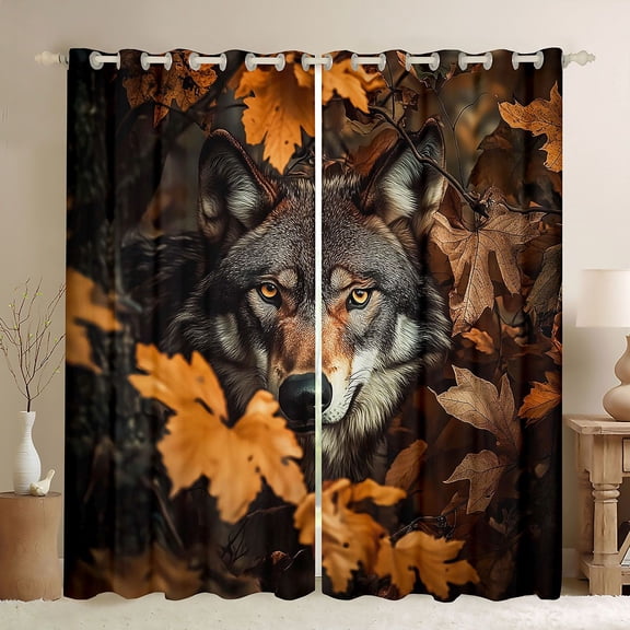 Manfei Safari Grey Wolf Curtains Pack of 2 (42x84 Each) for Teens Female Men,Autumn Tree Leaves Curtains Blackout,Jungle Animal Bedroom Curtains,Super Cozy Room Decor