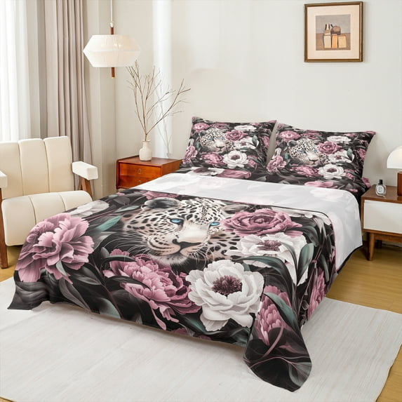 Manfei Safari Leopard Cheetah Full Size Sheets,Jungle Wildlife Bed Sheets,Pink Flower Floral Sheet Sets For Men Women,Breathable Home Decor,4-Piece
