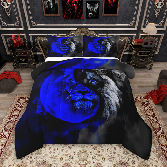 Manfei Safari Lion Full Size Comforter Sets 3-Piece, Wild Woodland Animal Bedding Comforter Set, Traditional Yin and Yang Bedding Sets, Breathable Home Decor