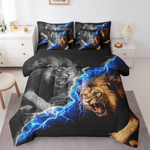 Manfei Safari Lions 7pcs Bedding Comforter Set,Abstract Lightning Queen Bedding Sets Super Cozy,Woodland Animal Queen Sheet Sets,Luxury Boys Bedroom Decor,Reversible