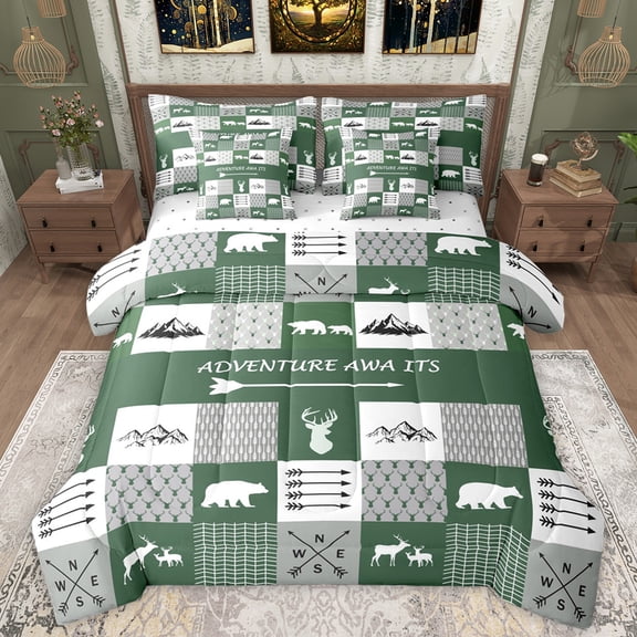 Manfei Safari Moose 7pcs Bedding Comforter Set,Jungle Animal Deer Queen Bedding SetsGreen White Queen Sheet Sets For Boys Teens,Microfiber Bedroom Decor Reversible