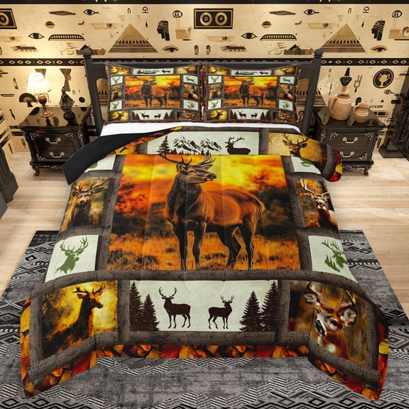 Manfei Safari Moose Bedding Comforter Set,Jungle Animal Deer Twin Comforter Sets,Patchwork Geometric Checkered Bedding Set For Boys Teens,Microfiber Bedroom Decor Reversible,2pcs