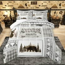 Manfei Safari Moose Bedding Comforter Set,Rustic Adventure Game Twin Comforter Sets,Gray White Plaid Bedding Set For Boys Teens,Microfiber Bedroom Decor Reversible,2-Piece