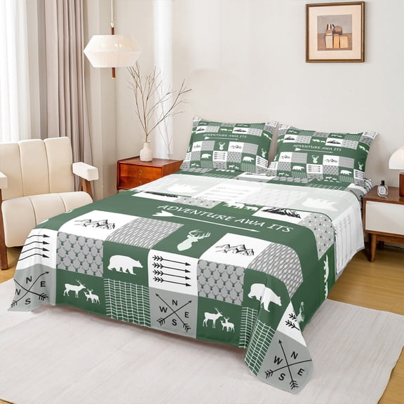 Manfei Safari Moose Twin Sheet Sets,Jungle Animal Deer Twin Fitted SheetGreen White Flat Sheet For Boys Teens,Microfiber Bedroom Decor,3pcs