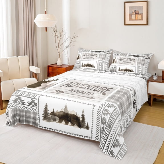 Manfei Safari Moose Twin Sheet Sets,Rustic Adventure Game Twin Fitted Sheet,Gray White Plaid Flat Sheet For Boys Teens,Microfiber Bedroom Decor,3-Piece