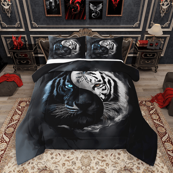 Manfei Safari Tiger Bedding Comforter Set 2pcs, Wild Woodland Animal Twin Comforter Sets, Traditional Yin and Yang Bedding Set, Super Cozy Room Decor