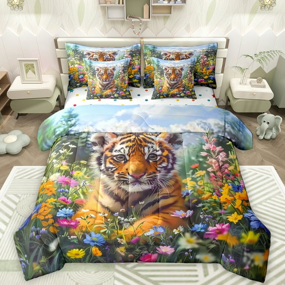 Manfei Safari Tiger Pattern 7pcs Bedding Comforter Set,Watercolor Daisy Flower Queen Bedding Sets,Colorful Scenery Queen Sheet Sets For Kids,Microfiber Bedroom Decor Reversible