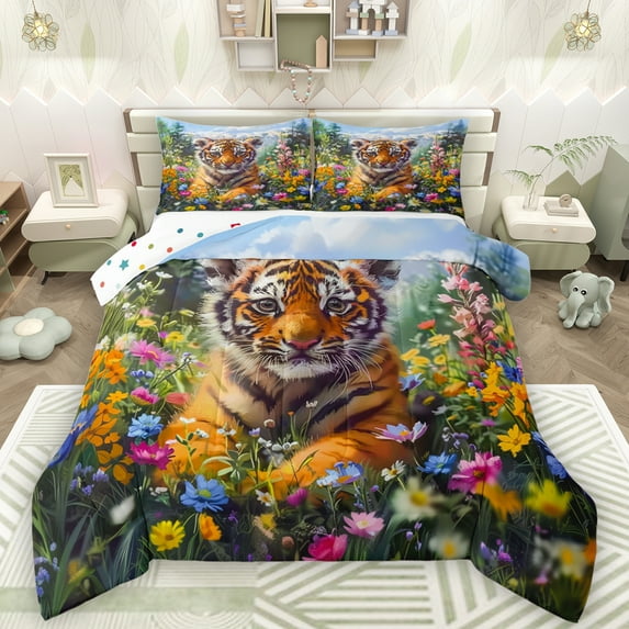 Manfei Safari Tiger Pattern Queen Comforter Set,Watercolor Daisy Flower Bedding Sets,Colorful Scenery Bedding Comforter Set For Kids,Microfiber Bedroom Decor Reversible,3 Pieces