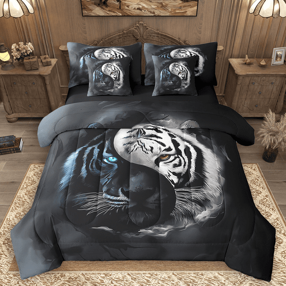 Manfei Safari Tiger Twin Bedding Sets 7pcs, Wild Woodland Animal Bedding Comforter Set, Traditional Yin and Yang Sheet Sets, Super Cozy Room Decor
