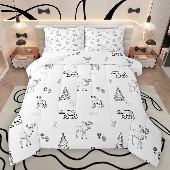 Manfei Safari Wolf Bear Bedding Comforter Set,Jungle Animal Deer Twin Comforter Sets,Rustic Western Hunting Bedding Set For Boys Teens,Microfiber Bedroom Decor Reversible,2pcs