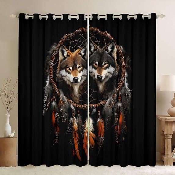 Manfei Safari Wolf Black Out Curtains, Bohemian Dreamcatcher Curtains Pack of 2 (42x63 Each), Wild Animal Bedroom Curtains, Luxurious Bedroom Decor