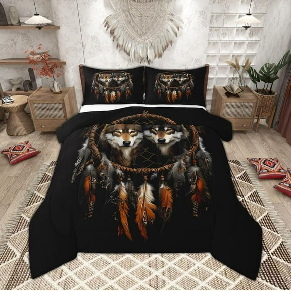 Manfei Safari Wolf Full Size Comforter Sets, Bohemian Dreamcatcher Bedding Comforter Set, Wild Animal Bedding Sets, Microfiber Bedroom Decor Reversible 3 Pieces