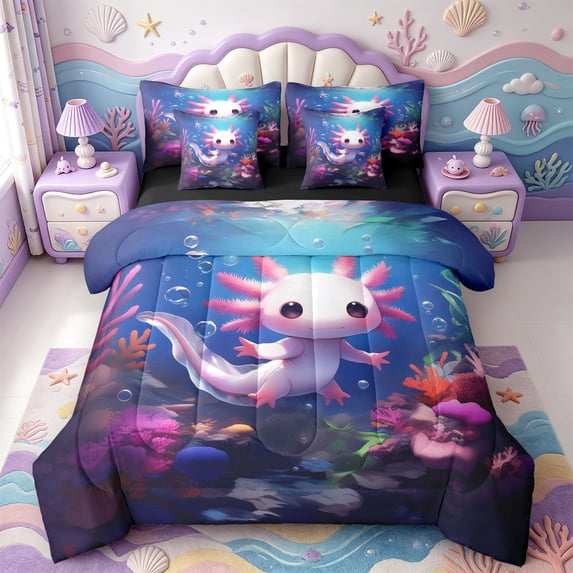 Manfei Salamander Pattern 7-Piece Twin Bedding,Aquatic Axolotl Bedding Comforter Set,Black Reversible