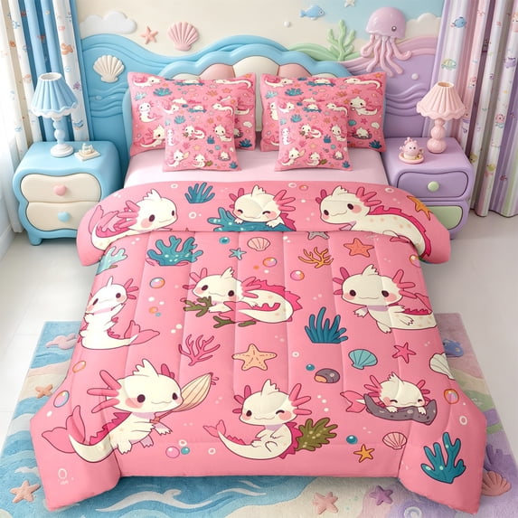 Manfei Salamander Pattern 7-Piece Twin Bedding,Purple Axolotl Bedding Comforter Set,Pink Reversible