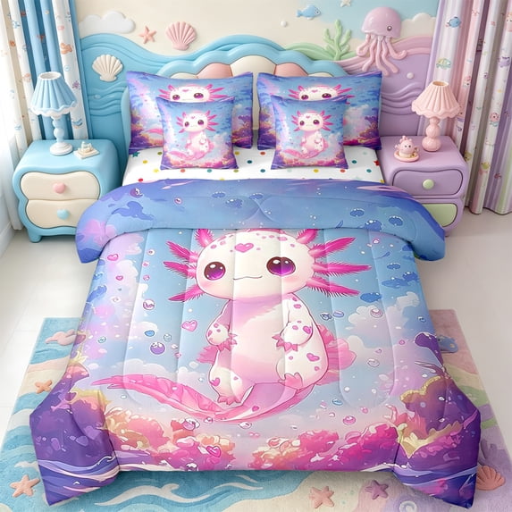 Manfei Salamander Pattern 7 Pieces Full Size Bedding Sets,Adorable Axolotl Full Size Bed in a Bag,Polkadot Reversible