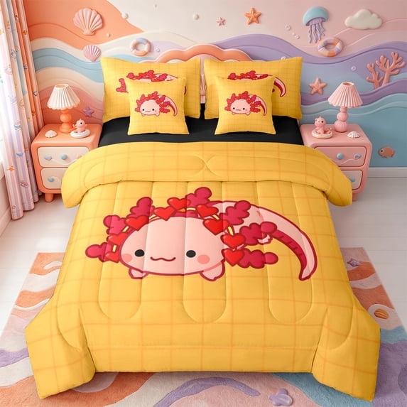 Manfei Salamander Pattern 7pcs Queen Bedding,Sealife Axolotl Bedding Comforter Set Queen,Black Reversible