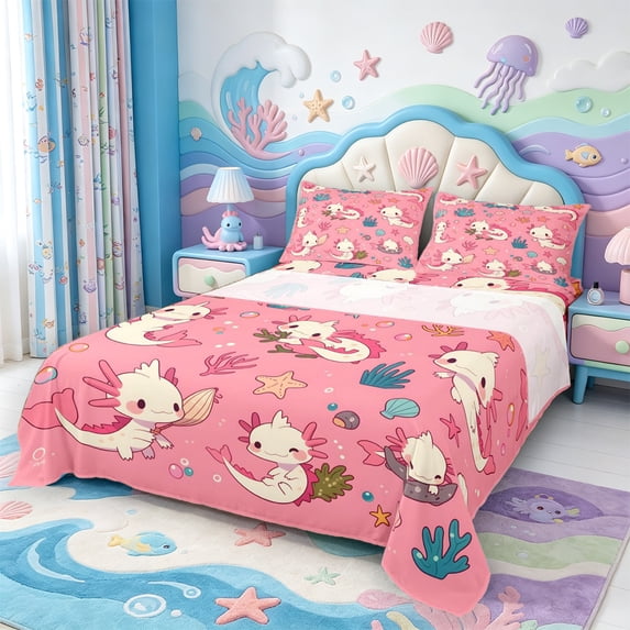 Manfei Salamander Pattern Bed Sheets,Purple Axolotl Full Size Sheets,4-Piece,1 Flat Sheet,1 Fitted Sheet and 2 Pillowcases
