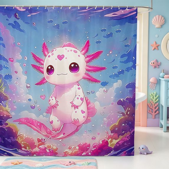 Manfei Salamander Pattern Shower Curtain 72Wx72L,Adorable Axolotl Bathroom Curtain