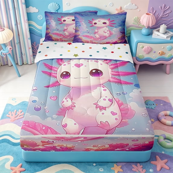 Manfei Salamander Pattern Zipper Queen Comforter Set with Fitted Sheet and 2 Pillowcases,Adorable Axolotl Zipper Bedding Set,Polkadot Reversible,4pcs