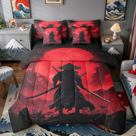 Manfei Samurai Red Sun Bedding Comforter Set for Boys Men, Mountain Sword King Bedding Sets, Black Red, Black Reversible7-Piece