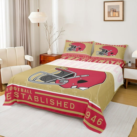 Manfei San Francisco Bed Sheets Set Twin Size,American Football Bedding Sets Twin Size,Rugby Helmet City Bed Sheets Twin For Kids Boys,Microfiber Bedroom Decorative,3-Piece