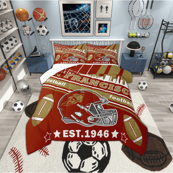 Manfei San Francisco Full Size Comforter Sets,Rugby Sports Bedding Comforter Set,American Football Bedding Sets,Breathable Room Decorative Reversible,3 Pieces