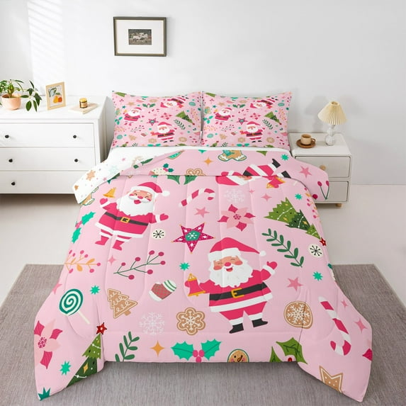 Manfei Santa Claus 2pcs Bedding Comforter Set,Happy New Year Twin Comforter Sets,Pink Green Breathable Bedding Set,Lightweight Merry Christmas Room Decor,Reversible