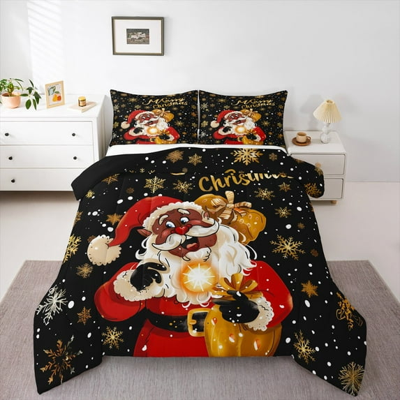Manfei Santa Claus 3-Piece Full Size Comforter Sets,Christmas Snowflakes Bedding Comforter Set,Black Red Lightweight Bedding Sets,Super Cozy Festival Room Decor,Reversible