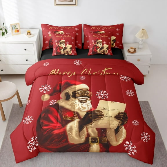 Manfei Santa Claus 7-Piece Twin Bedding Sets,Merry Christmas Bedding Comforter Set,Festival Theme Breathable Sheet Sets,Breathable Xmas Home Decor,Reversible
