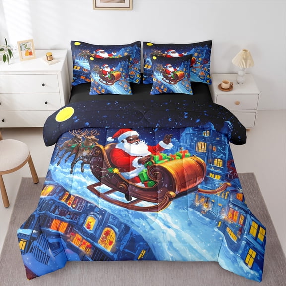 Manfei Santa Claus 7-Piece Twin Bedding Sets,Merry Christmas Bedding Comforter Set,Festival Theme Breathable Sheet Sets,Lightweight Xmas Room Decor,Reversible