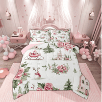 Manfei Santa Claus Christmas Bedding Comforter Set for Child, Pink Rose Flower Twin Comforter Sets, Princess Castle Reversible Bedding Set, Breathable Home Decor, 2pcs