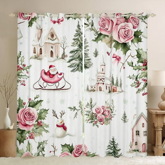 Manfei Santa Claus Christmas Black Out Curtains for Child, Pink Rose Flower Curtains Pack of 2 (42x63 Each), Princess Castle Bedroom Curtains, Window Curtains Home Decor