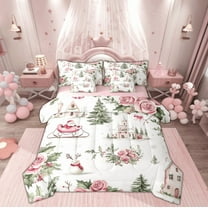 Manfei Santa Claus Christmas Twin Bedding Sets 7-Piece for Child, Pink Rose Flower Bedding Comforter Set, Princess Castle Reversible Sheet Sets, Breathable Home Decor