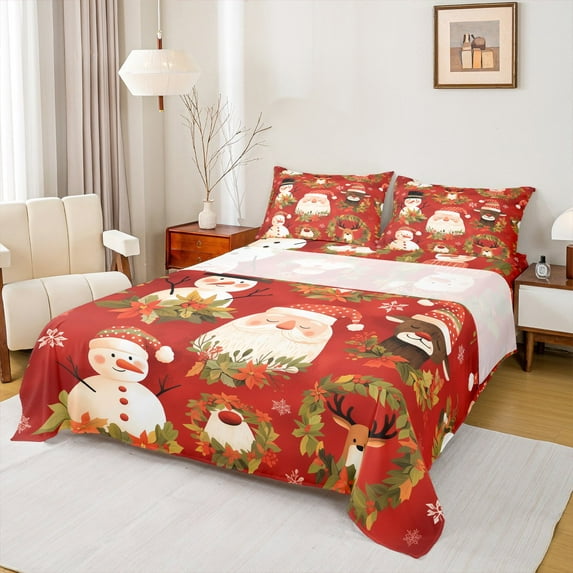Manfei Santa Claus Full Size Sheets for Kids, Kawaii Snowman Reindeer Bed Sheets, Christmas Flower Sheet Sets, Breathable Home Decor, 4pcs