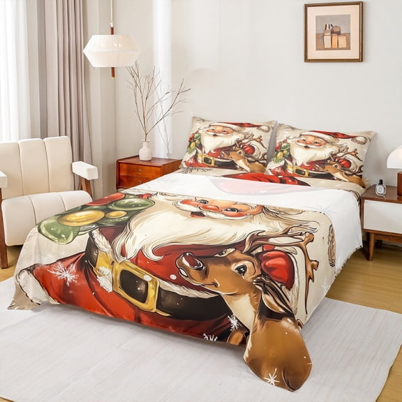 Manfei Santa Claus Queen Sheet Sets,Merry Christmas Flat Sheet,Cute Xmas Reindeer Queen Fitted Sheet For Child,Breathable Home Decor,4 Pieces