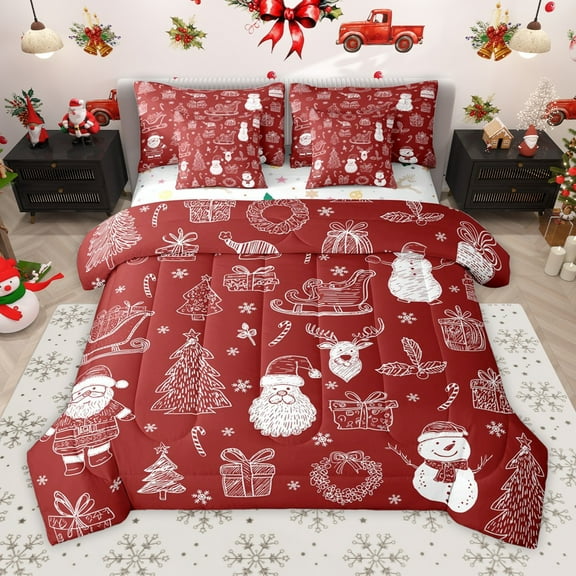 Manfei Santa Claus Snowman 7-Piece Twin Bedding Sets for Teens Boys Girls,Xmas Tree Snowman Bedding Comforter Set,Merry Christmas Breathable Sheet Sets,Super Cozy Room Decor,Reversible