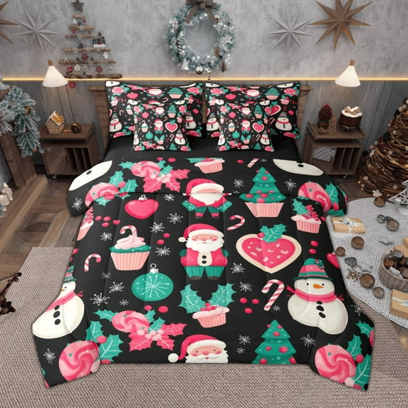 Manfei Santa Claus Snowman Twin Bedding Sets 7 Pieces for Kids, Merry Xmas Christmas Bedding Comforter Set, Hearts Lollipop Sheet Sets, Lightweight Room Decor