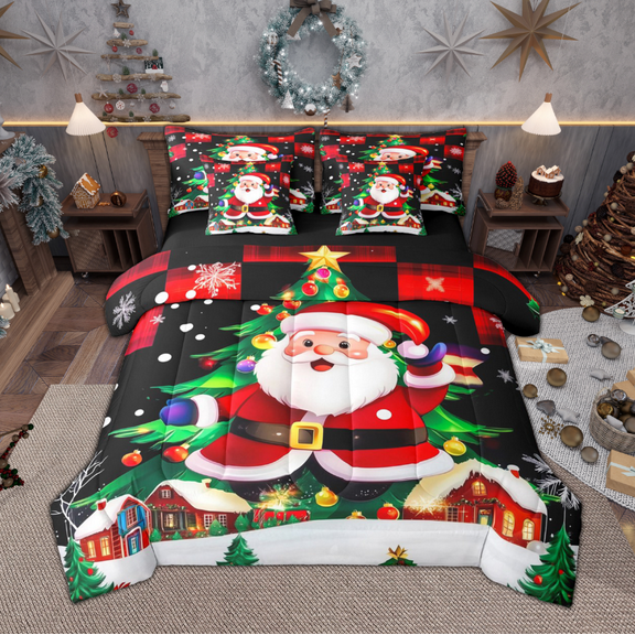 Manfei Santa Claus Twin Bedding Sets 7 Pieces for Kids, Christmas Tree Bedding Comforter Set, Gingerbread House Sheet Sets, Breathable Home Decor
