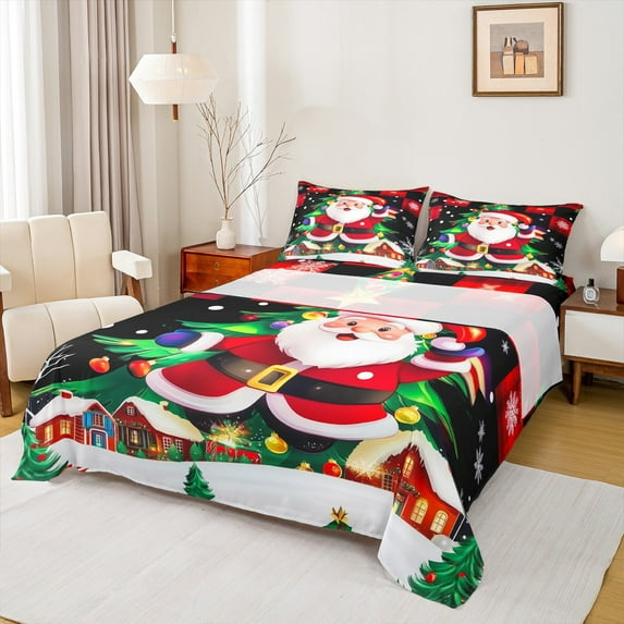 Manfei Santa Claus Twin Sheet Sets 3 Pieces for Kids, Christmas Tree Twin Fitted Sheet, Gingerbread House Flat Sheet, Breathable Home Decor